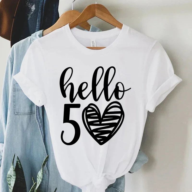 

Новое поступление, забавная футболка Hello 50, подарок для вечеринки, повседневная летняя уличная одежда в стиле Харадзюку с короткими рукавами, топы, эстетичная одежда