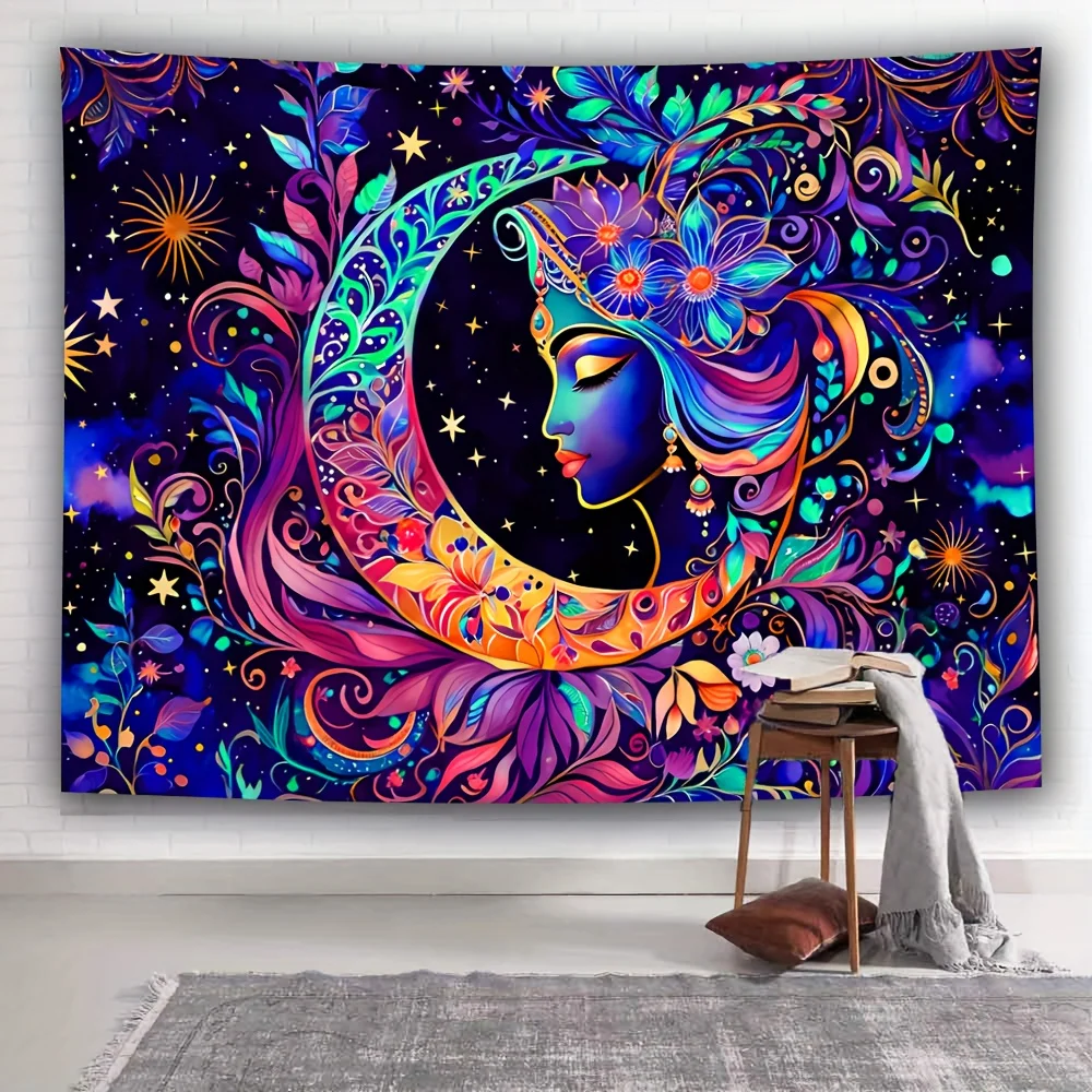 1pc Vibrant UV Reactive Boho Wall Tapestry with Moon & Stars Mandala Print - Soft Polyester, Colorful Floral & Celestial Design,