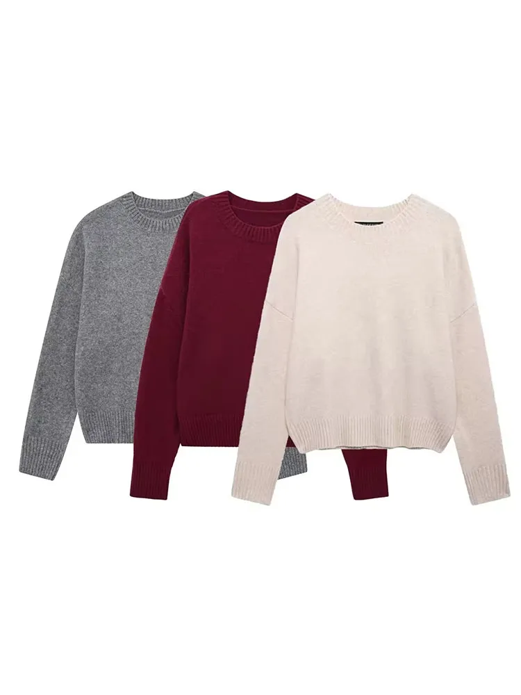 TRAFZA 2023 الخريف الشتاء المرأة رمادي البلوز البلوزات الإناث طويلة الأكمام فضفاضة متماسكة البلوز س الرقبة محبوك ملابس خارجية كبيرة الحجم