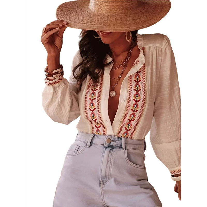 

CYL-Women's Western Shirts Long Sleeve Button Down Flower Embroidered Linen Shirt Summer Casual Blouse Top