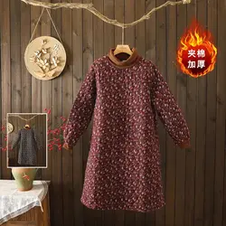 Vestido Floral grueso acolchado de algodón con cuello alto en contraste Vintage, manga larga, suelto, longitud media, otoño e invierno, nuevo, k2454, 2024