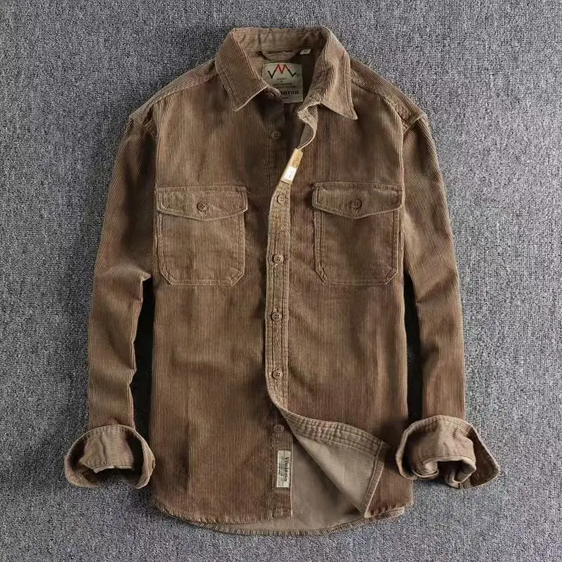 2025 Autumn/Winter New European and American Retro Corduroy Men's Long Sleeve Shirt Simple, Loose, Versatile, Thick Style