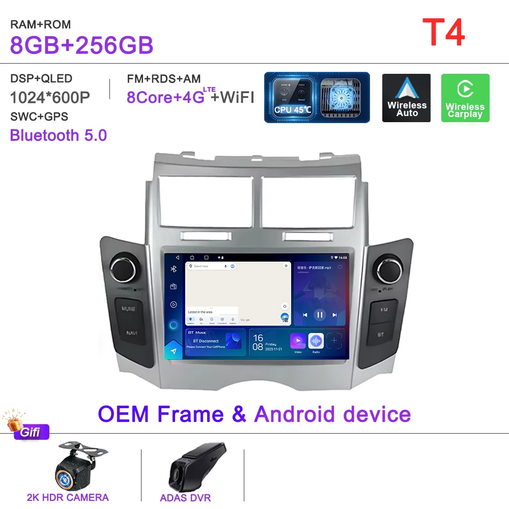 Android 16 Autoradio Voor Toyota Yaris XP90 Vitz Platz 2005-2012 Draadloze CarPlay 2din Stereo DSP multimedia Playe GPS Autoradio