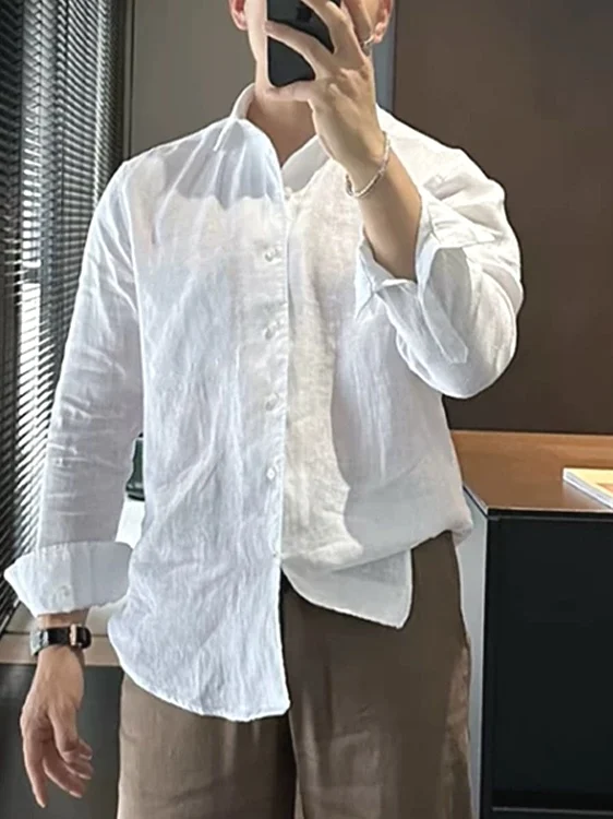 

Men's Slim Fit Long Sleeve Linen Shirt Wrinkles Design Breathable Workwear Cardigan American Style Youth Popular Spring Shirt
