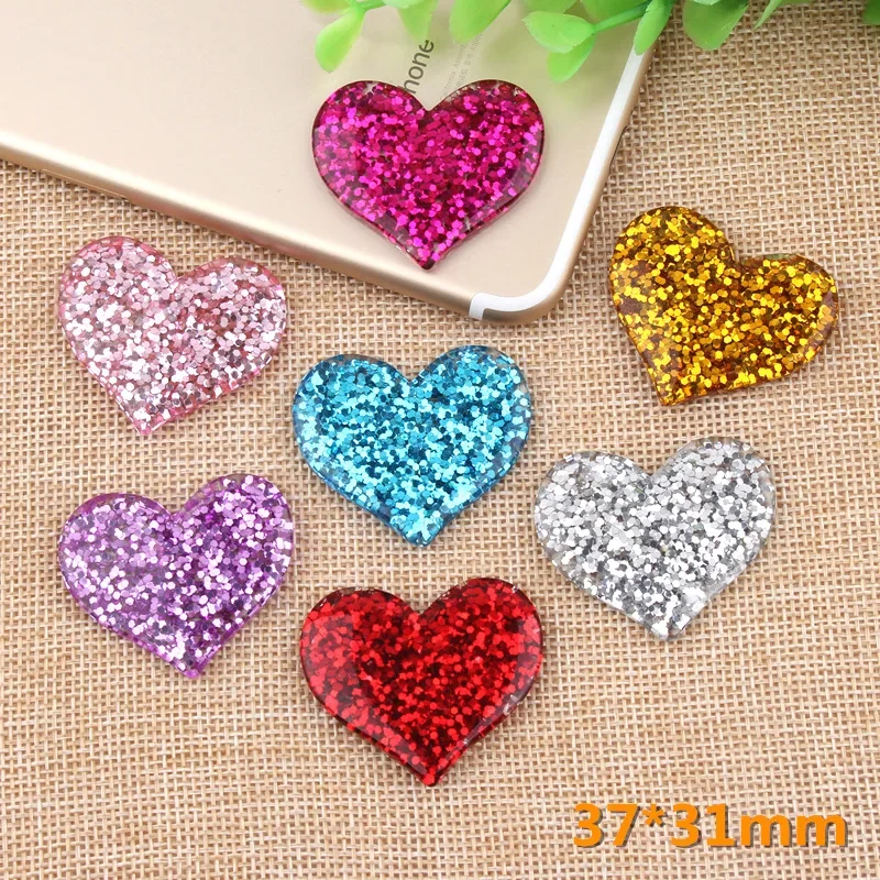 50pcs/Lot 37x31mm Multi Colors Cute Heart Shape Crystal Glitter Resin Rhinestone Flatback DIY Bling Flat Back Scrapbooking Craft