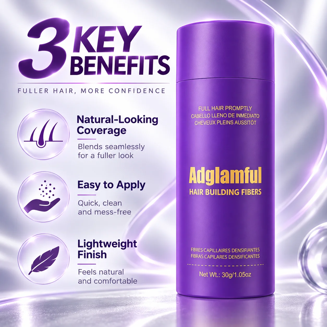 Adglamful Hair Building Fibers 30g, Precision Sifter Hair Fiber Powder for Fuller-Looking Hair, Hairline & Sparse Areas