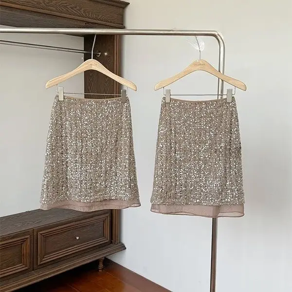Premium Sequined Lace Splicing Straight Skirt Women's 2026 Spring Temperament High Waist Drape Skirt