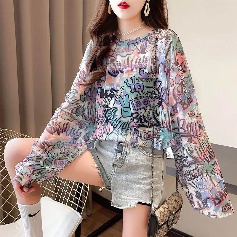 Women's lady Sunscreen Mesh T-Shirt - Ice Silk Long Graffi printing Sleeve Slim Fit for Summer BeachWear cover ups size XL