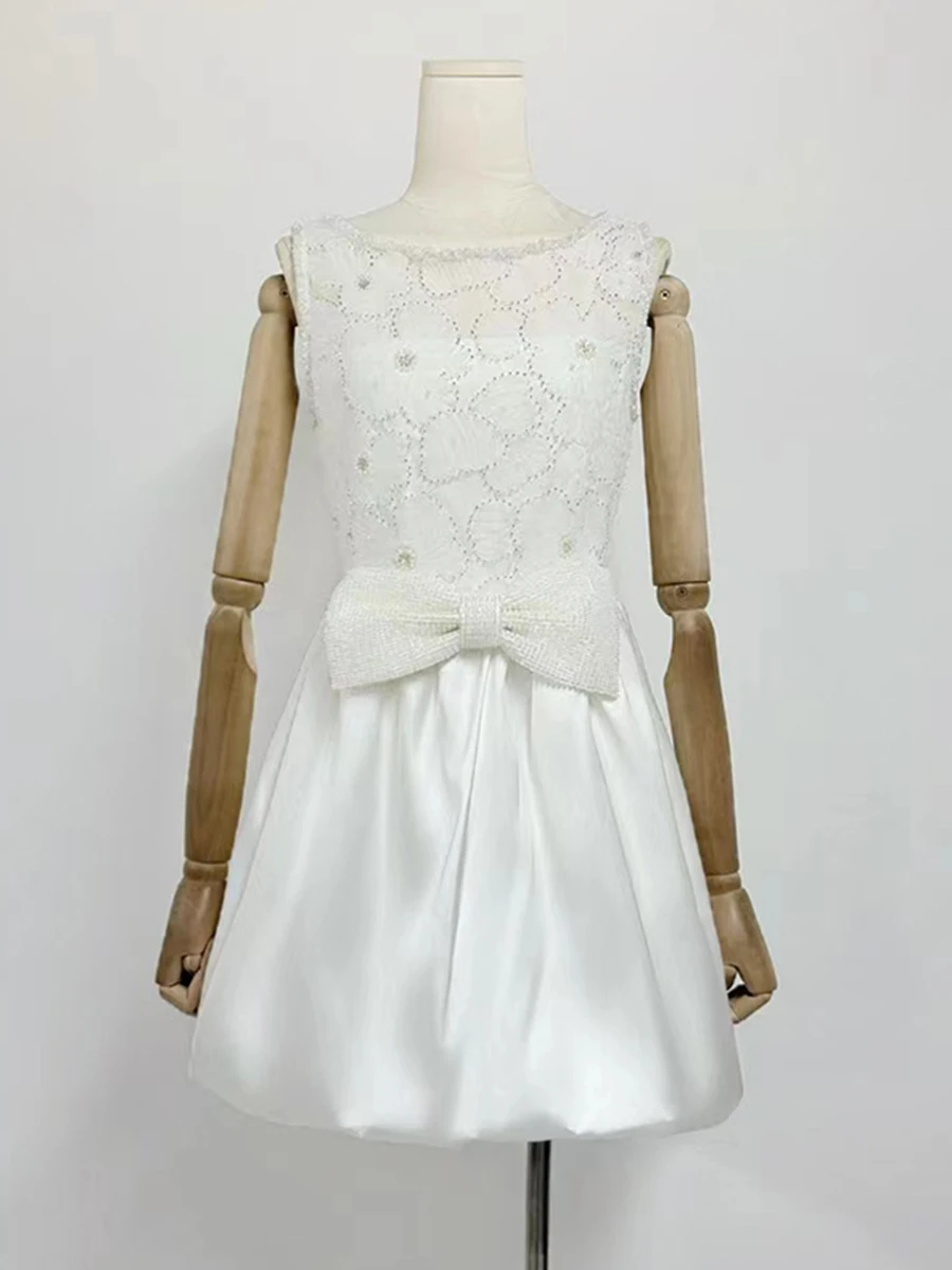 VGH Elegante Impiombato Perline Prendisole per Le Donne O Collo Senza Maniche A Vita Alta Patchwork Boknot Sheer Party Ball Gown Femminile Nuovo