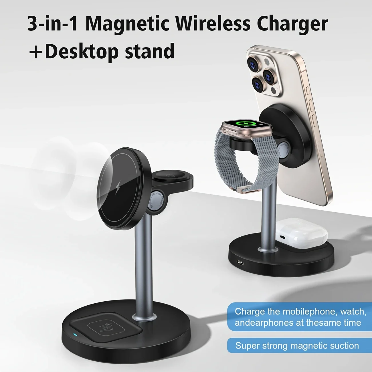 3 In 1 Magnetic Wireless Charger Adjustable Stand For iPhone 16 15 14 13 Pro Max iWatch 10 9 8 AirPods Pro Fast Charging Station