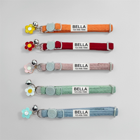 Customized Pet ID tag Adjustable Corduroy Cat collar Breakaway Cute Neck Collar with Bell for Small Dogs Puppy Kitten