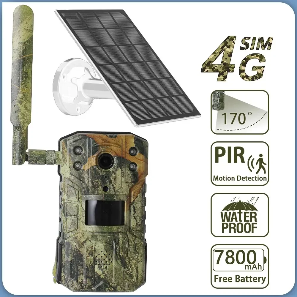 Waterproof Solar Cameme Hunting Trail Camera 20M PIR Motion Detection Wildlife Camera 4K 14MP 4G SIM Card 30M Night Vision