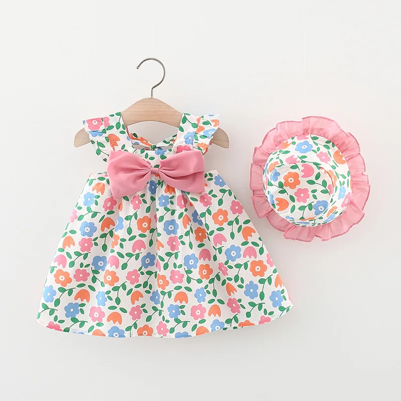 Robes d'été 2 pièces pour bébé fille, vêtements coréens, nœud mignon, fleurs en fibre, rose, robe de luxe + chapeau de soleil, ensemble de vêtements pour nouveau-né BC2180