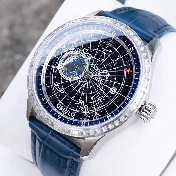 OBLVLO Herren-Automatikuhr, 41 mm, mechanische Armbanduhr, wasserdicht, Saphirglas, leuchtendes, drehbares Sternbild-Zifferblatt, 24 Stunden