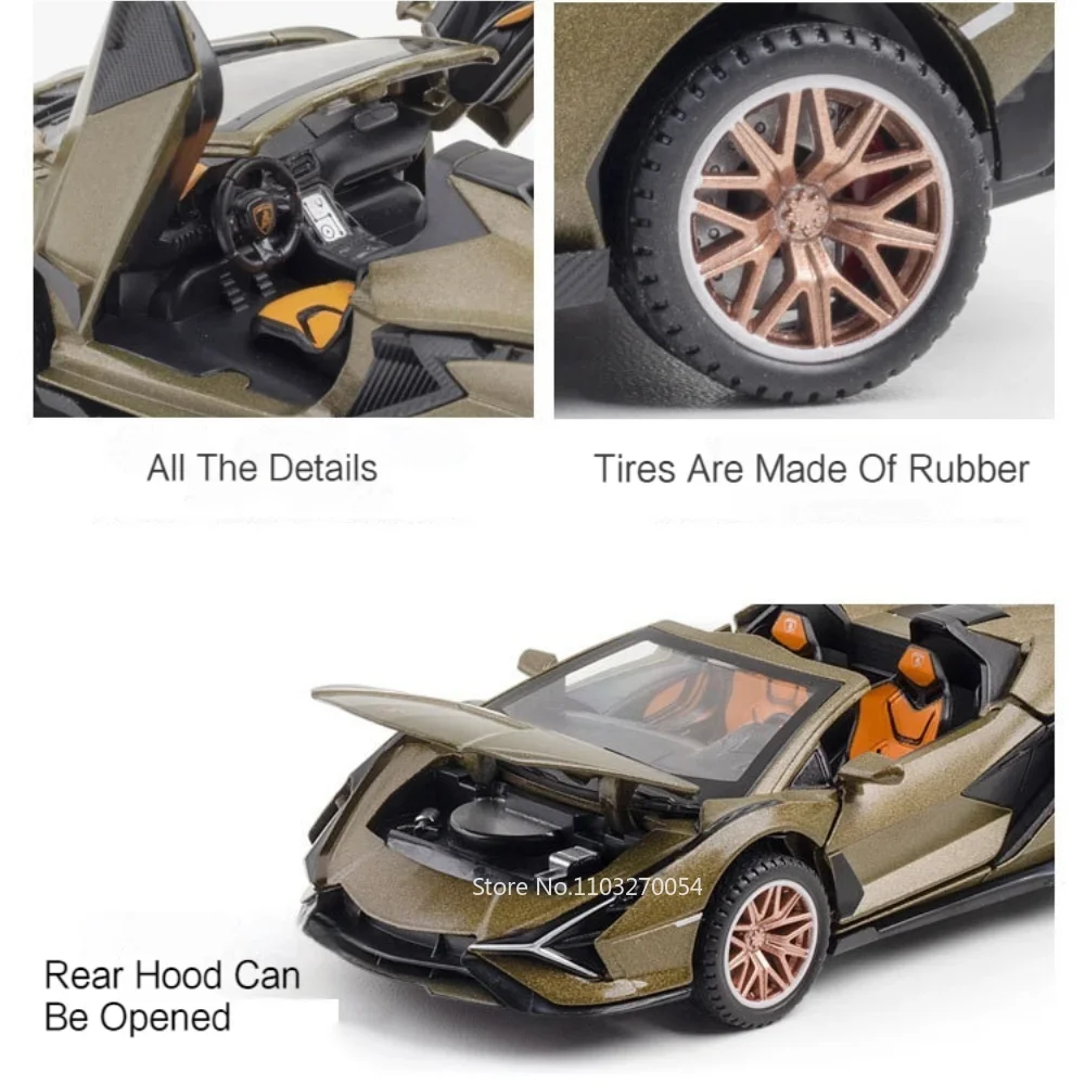 1/32 SIAN SCV12 juguetes modelo de coche aleación Diecast coches deportivos cuerpo de Metal neumáticos de goma puertas abiertas sonido luz tirar hacia atrás regalos para chico