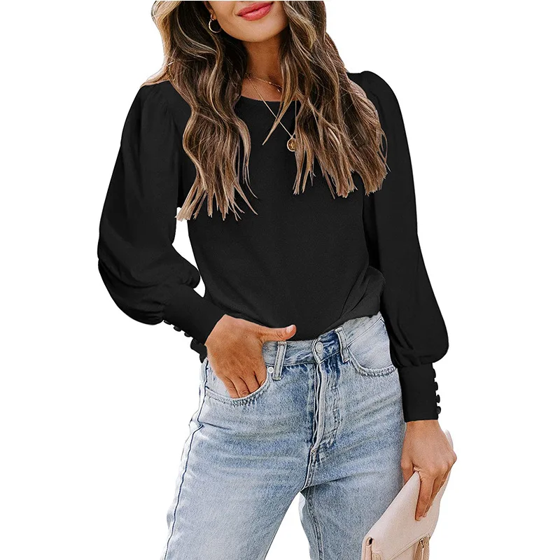 

Women Autumn Winter Trendy Beaded Chic Elegant Long Sleeve T-shirt Office Lady Solid O Neck Loose Casual Streetwear Basic Tops