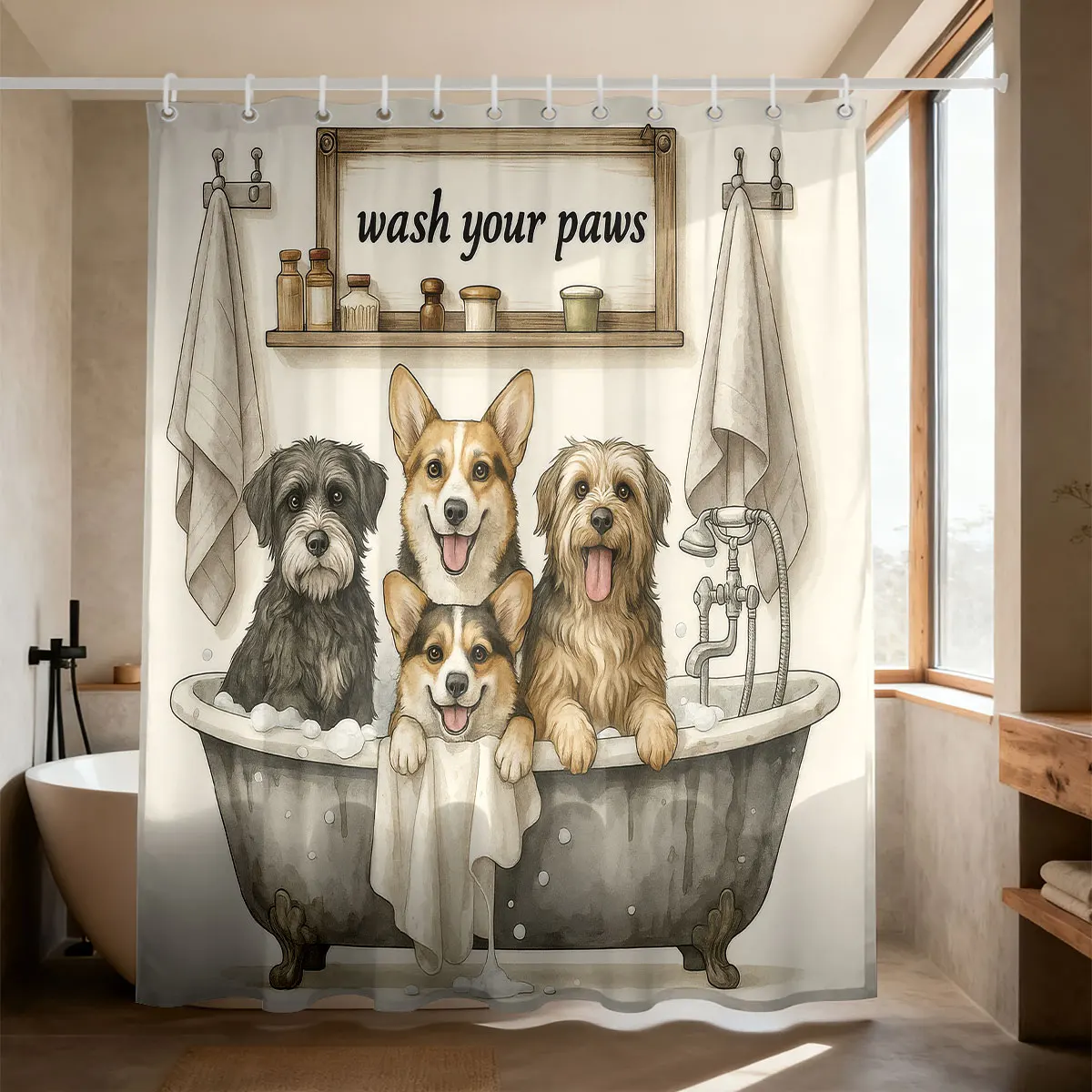 Cute Dog Wash Your Paws Shower Curtain with Hooks Waterproof Polyester Fabric Bathroom Modern Minimalist Curtains for Bath Room