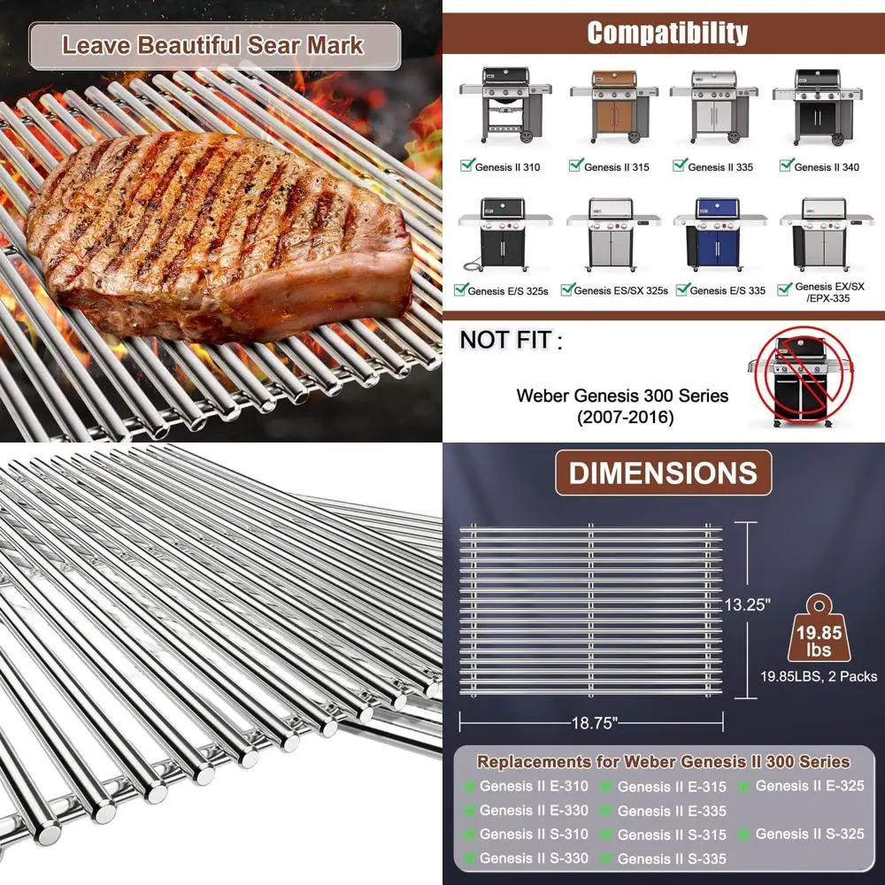 

18.75 9MM Stainless Steel Grill Grates for Weber Genesis II, Replacement Parts for Genesis II LX 300 Series, 66095