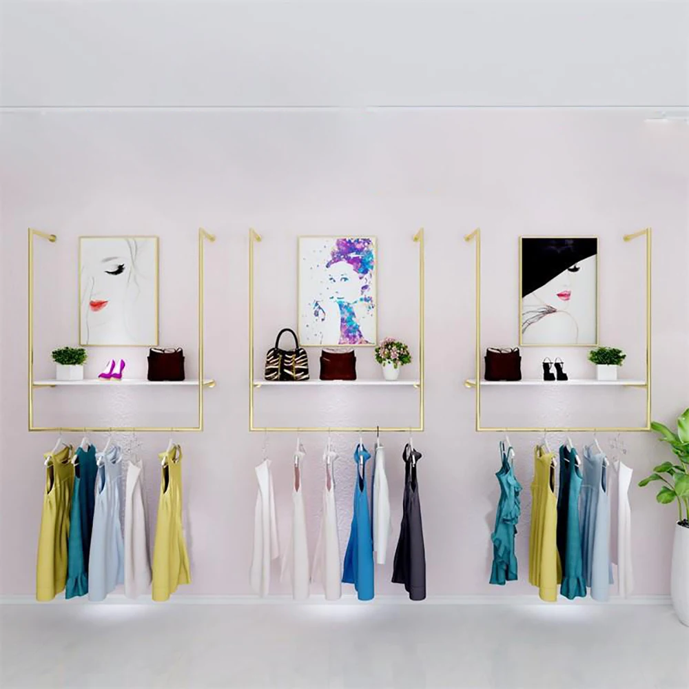 Gold Iron Wood Clothing Display Rack, Wall Mounted Garment Rack With Tiered Storage Shelf, Heavy Duty Clothes Hanging Rack For Retail Shop Home Boutique