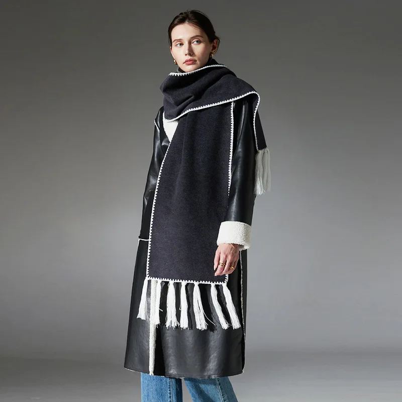 High-end European and American autumn/winter new collection: double-faced wool scarf with tassels, solid dark gray color