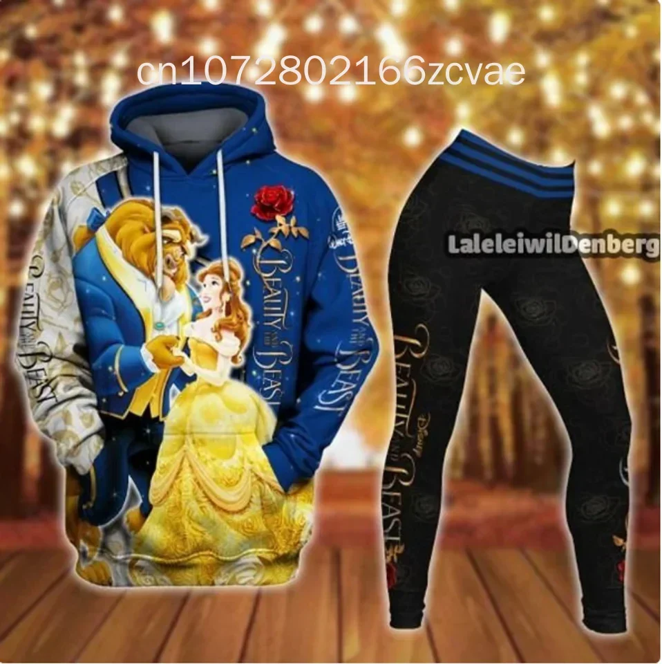 Beauty and the Beast 3d Women's Hoodie Leggings Set High Waist Yoga Pants Set Disney Yoga Leggings Hoodie Fashion Sports Suit