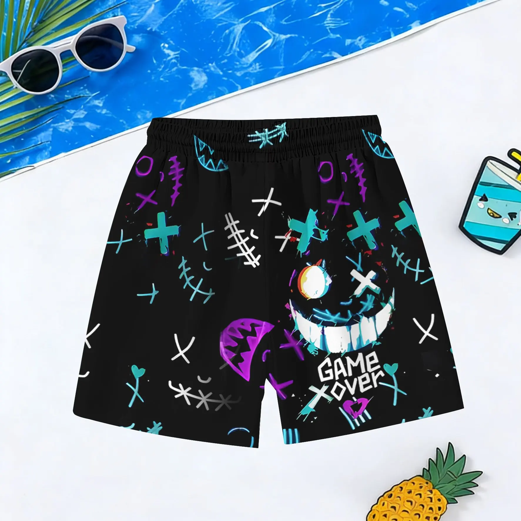 

Новые мужские быстросохнущие пляжные шорты GAME OVER Grin Graffiti 2026 года, подходят для повседневной носки и тренировок, в стиле Y2K