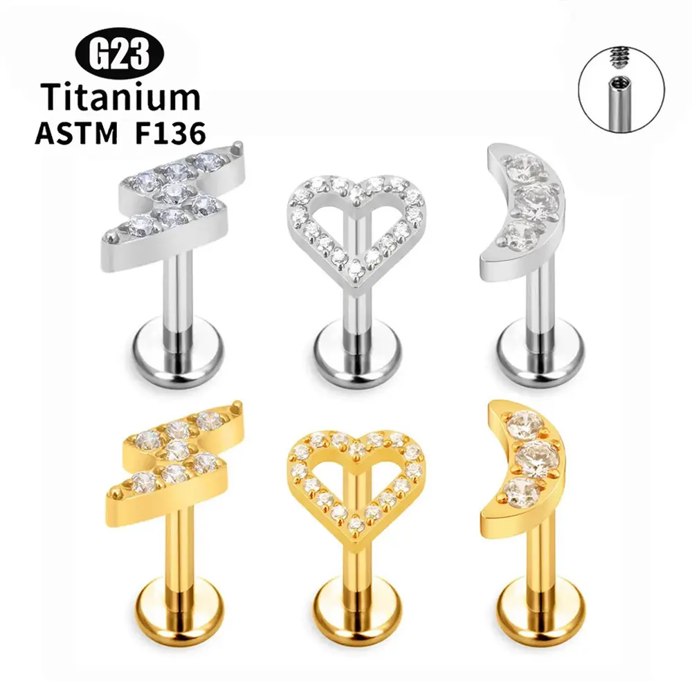 

ASTM F136 Titanium EAR PIERC Heart Moon Lightning Top Internal Thread Ear Cartilage Tragus Lip Helix Studs Piercing Jewelry