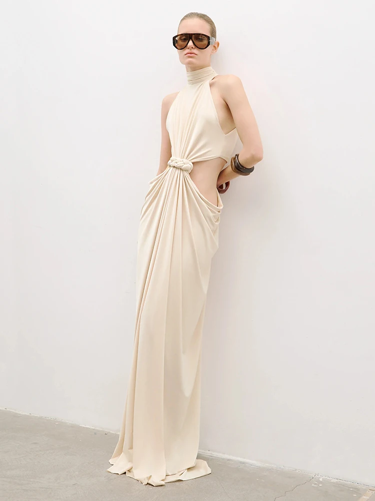 Private Cocktail Party Chic Beige Halter Structured Sleeveless Evening Gown with Twist Cutout Fashion Sexy Prom Maxi Dress