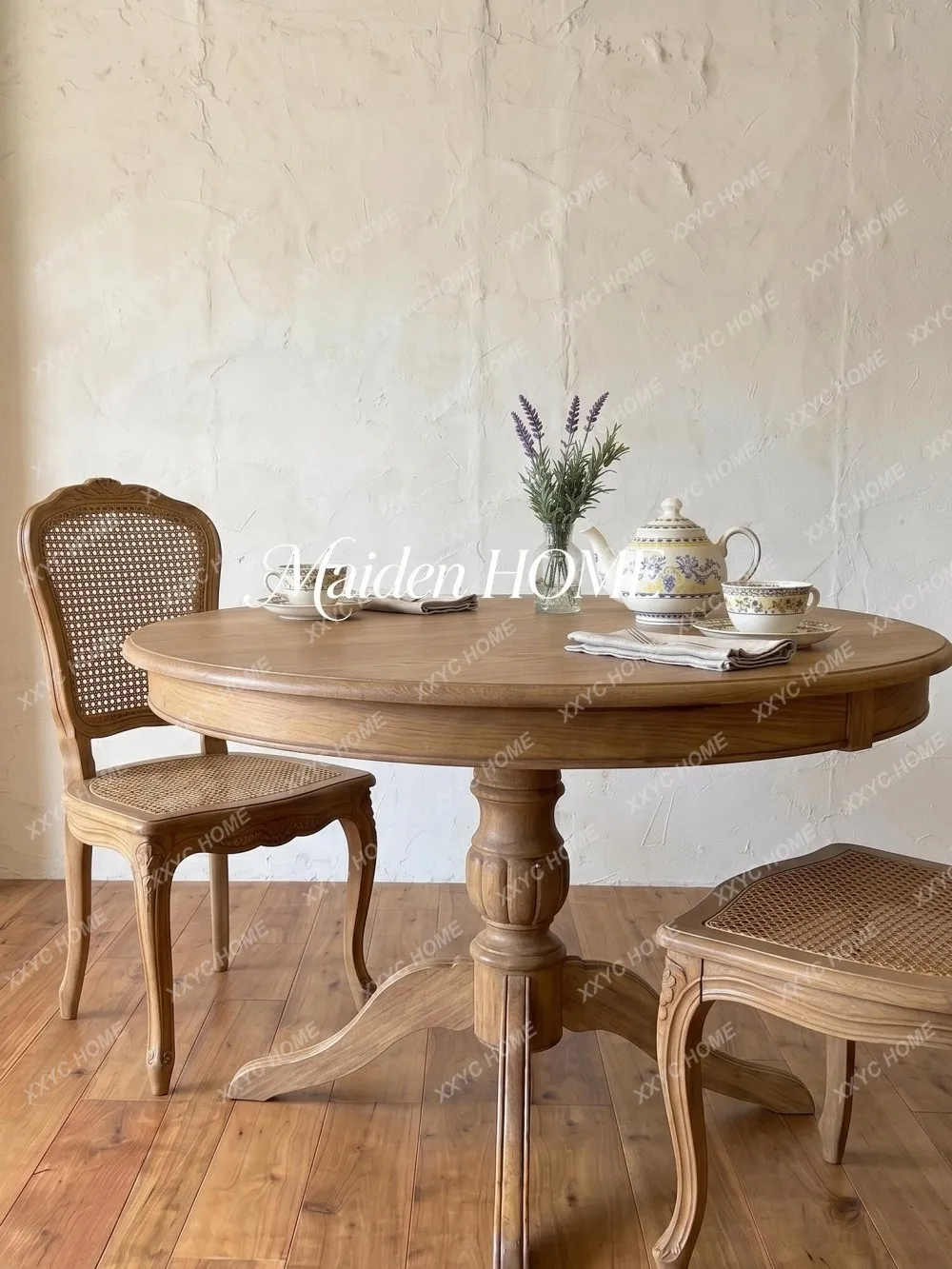 Medieval round dining  and chair combination oak tea solid wood coffee dining table small household dining