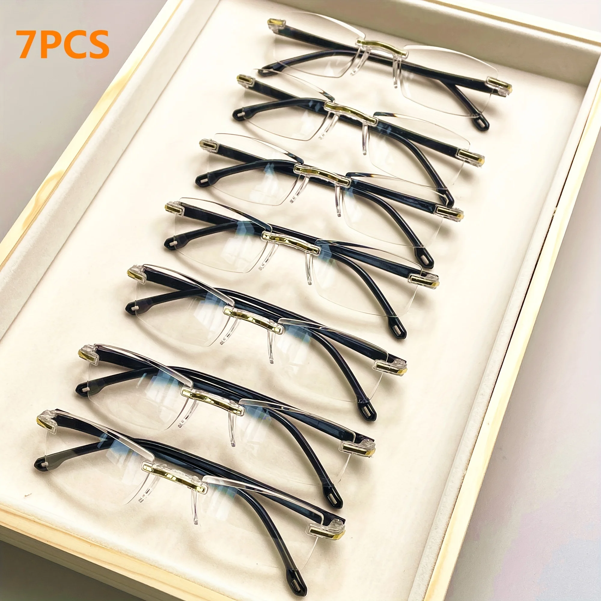 

7-Pack Vintage Style Rimless Reading Glasses - Rectangular Frame, Blue Light Blocking, Anti-Fatigue, Unisex, Lightweight PC