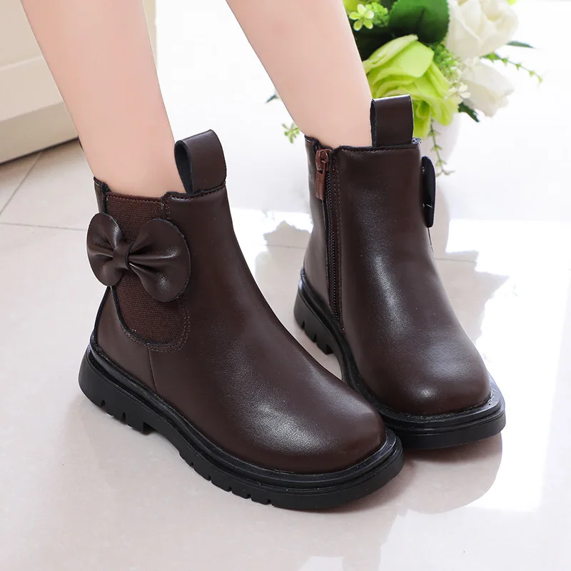 Autumn Winter 2020 New Children Leather Boots For Girls Fashion Bow Waterproof Boots Big Kids Shoes 3 4 5 6 7 8 9 10 11 12 Years