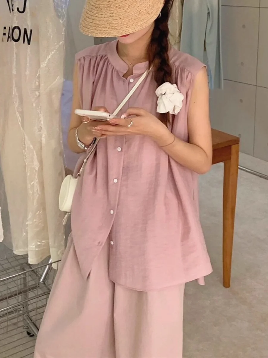 Pink round Neck Sleeveless Shirt Women's Loose Casual Style Summer Top Age-Defying Babydoll Vest Comfortable Breathable Fabric