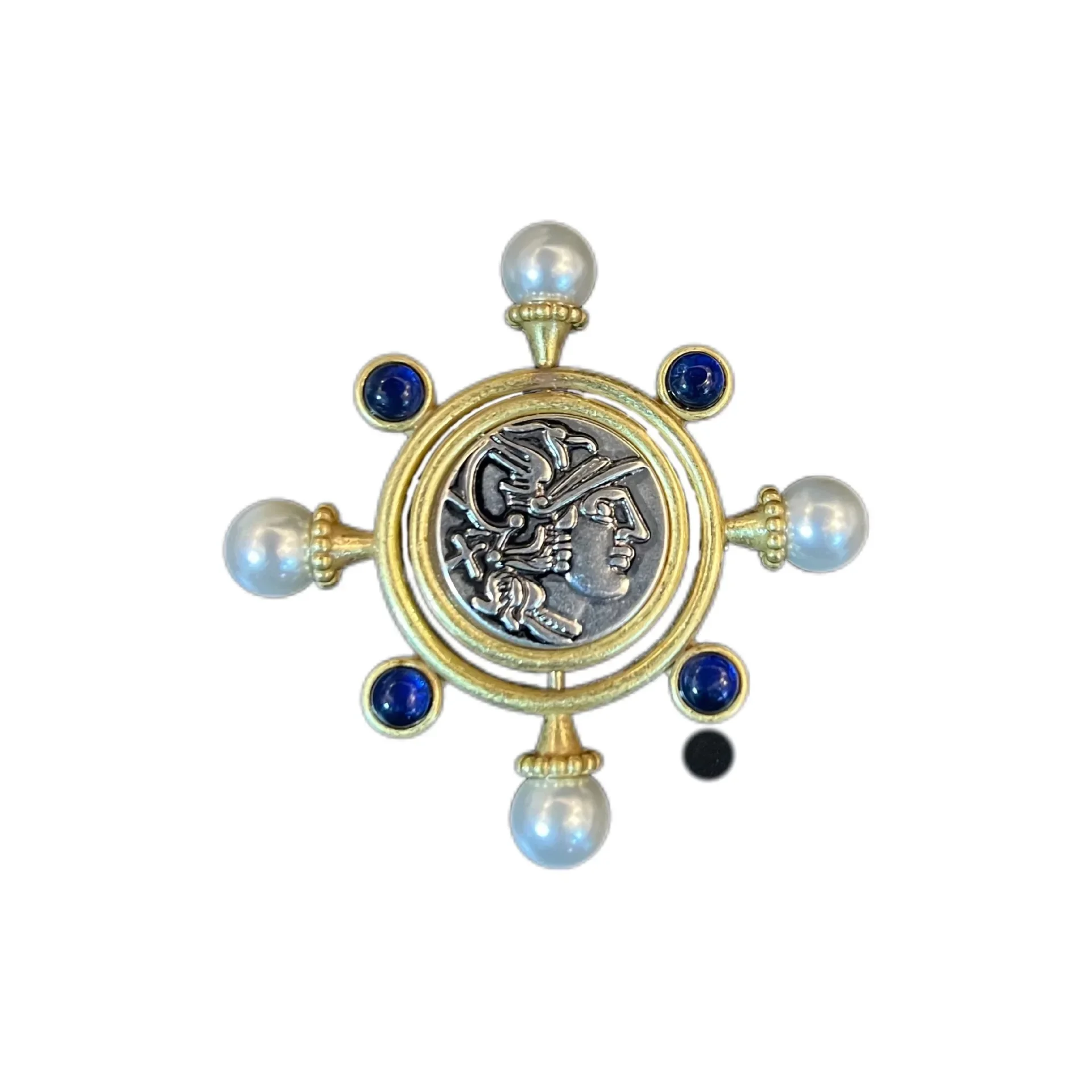 Retro high-class temperament ancient coin person avatar brooch fashionable lapis lazuli pearl