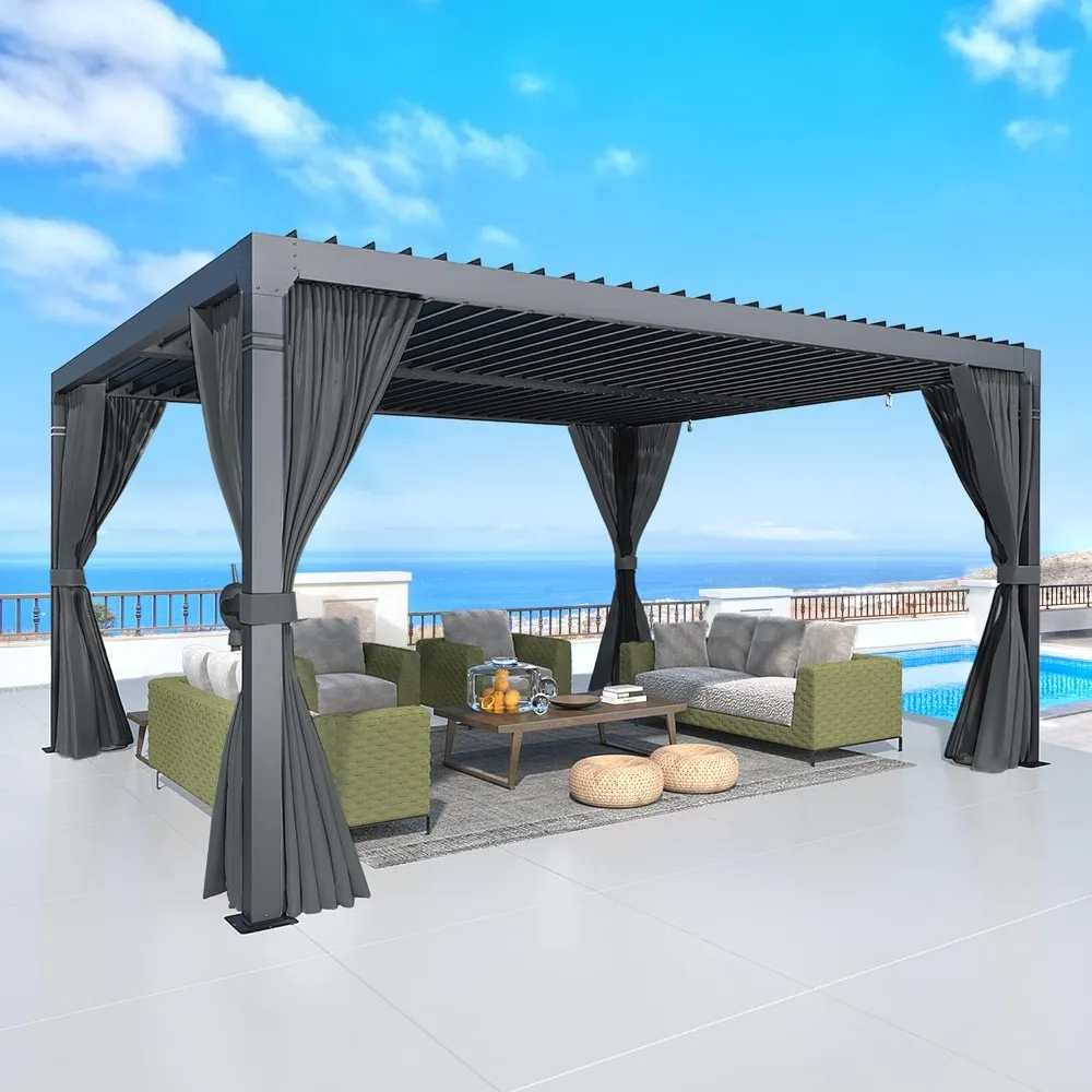 

10x12 Louvered Pergola,with Adjustable Rainproof Roof,with Curtains and Nets for Patio & Garden,Outdoor Pergola