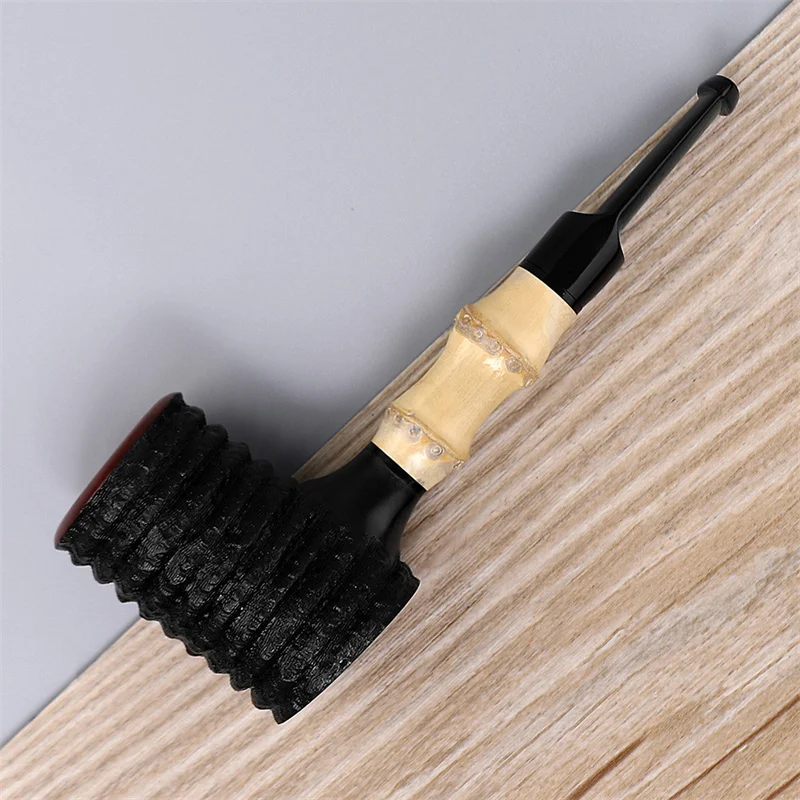 MUXIANG Briarwood Carved Hammer Shape Black Bamboo Straight Stem Pipe for Smoking with 3MM Filter Free 10 Pipe Tools aa0472S-PS1