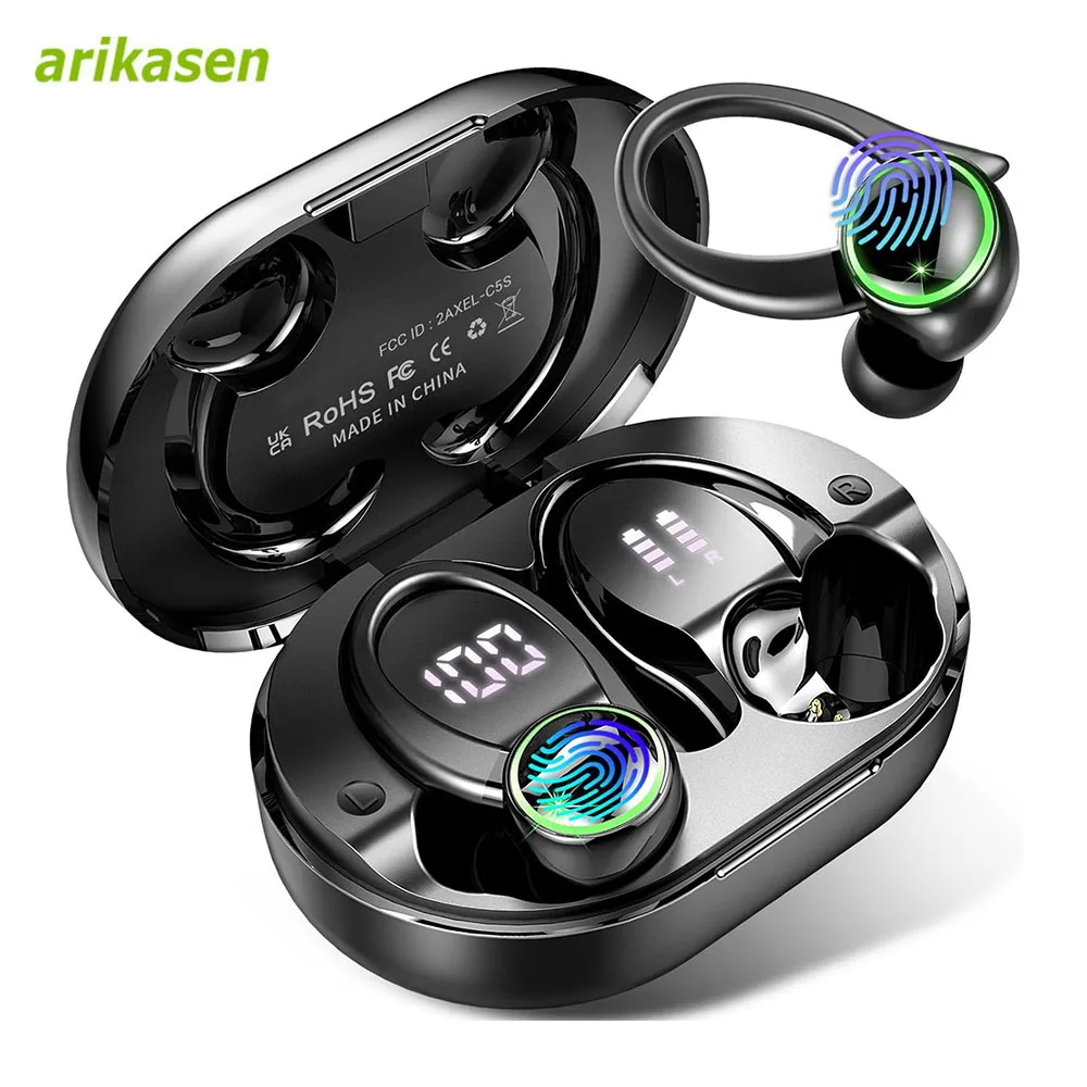 Headphones Bluetooth 5.3 Wireless Bass Stereo Over Ear Earbuds ENC Noise Cancelling Mic with Earhooks 48H Playback LED Display