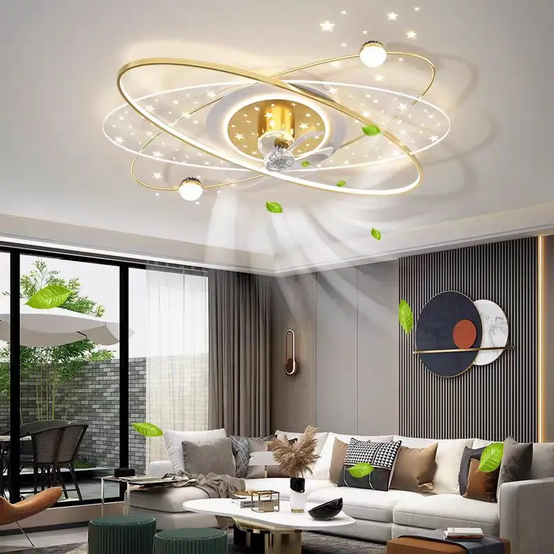 Nordic Light Luxury Starry Sky Fan Lamp for Bedroom Living Room LED Ceiling Light Shaking Head Silent Fan Combination Home Decor