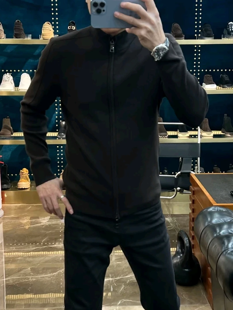 

Мужской весенне-осенний вязаный кардиган на молнии с воротником-стойкой, модный, универсальный, высококачественный, с длинными рукавами, повседневная верхняя одежда