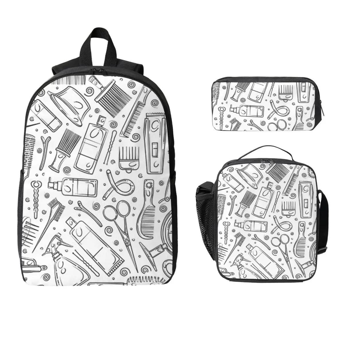 

Salon Hair Dressing Tool Pattern Backpack Boys Girls BookBag School Bag Laptop Shoulder Bags 3ps Insulated Lunch Bag Pencil Case