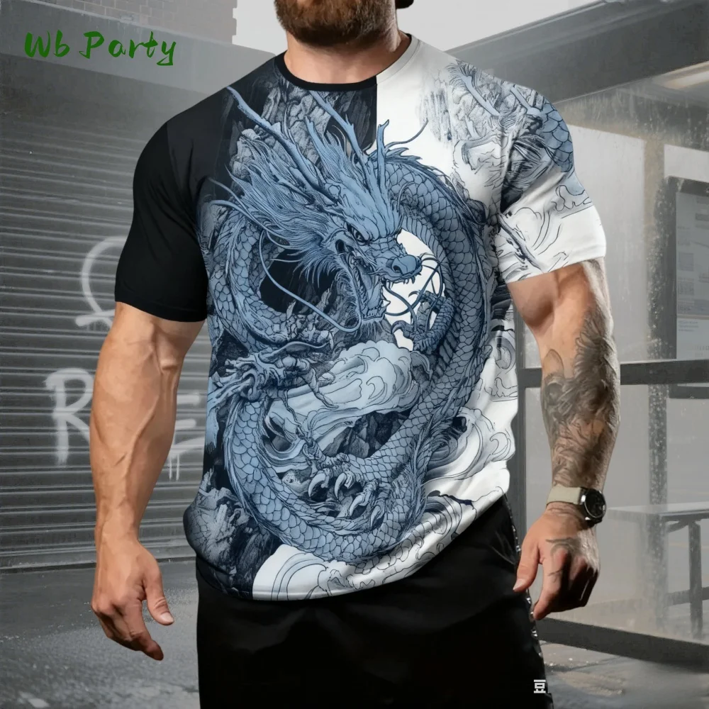 

Летняя мужская футболка с рисунком дракона, уличная футболка в стиле Харадзюку с 3D принтом, уличная одежда большого размера с короткими рукавами, дышащие повседневные мужские топы