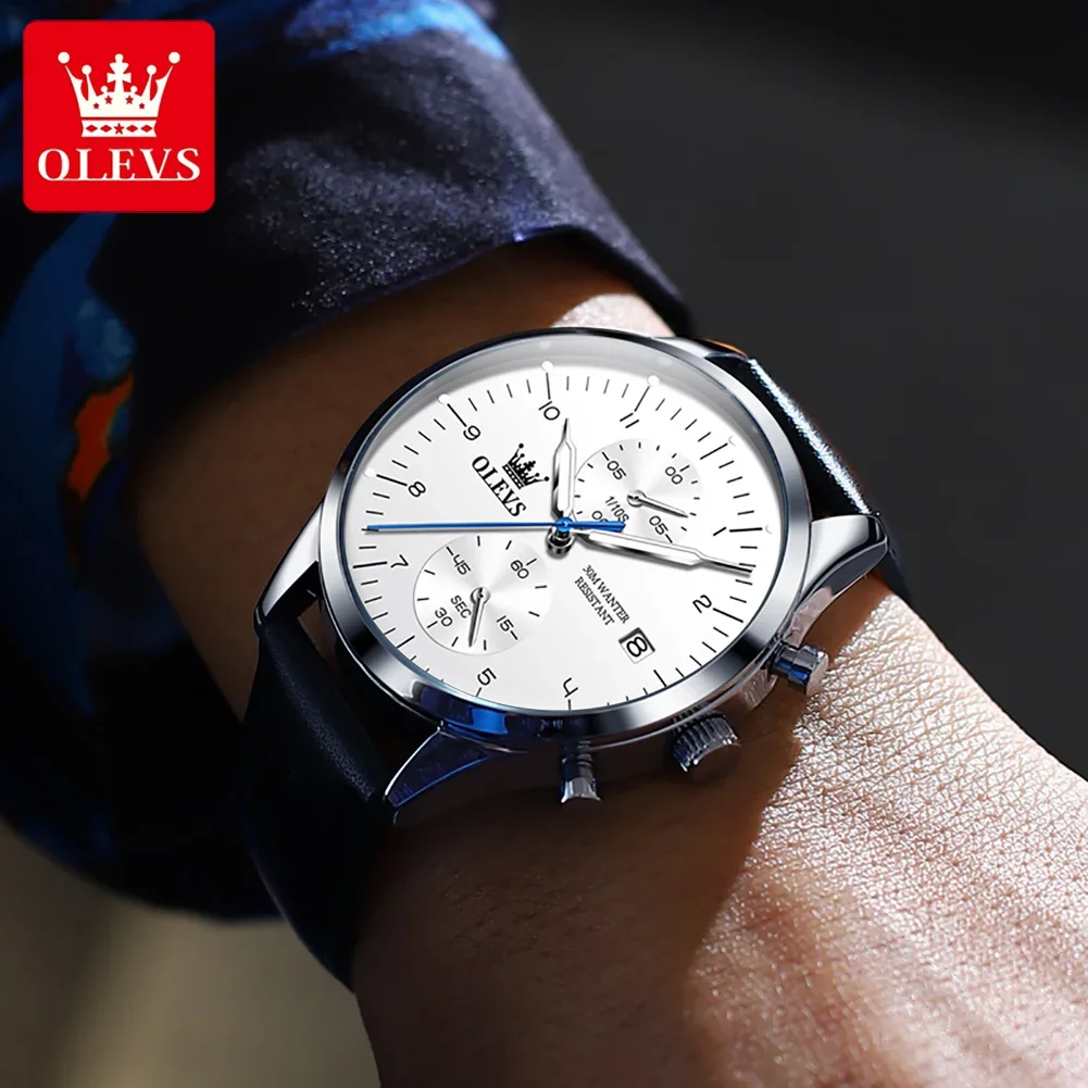 OLEVS 2880 Waterproof Quartz Watch for Men Genuine Leather Strap Business Super-thin Complication Men Wristwatch Luminous