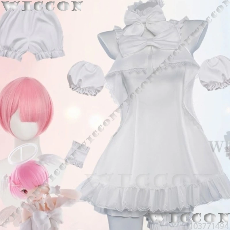 Ram Rem Sweet Angel Pure White Pajamas Dress Jirai Kei With Wig Halloween Christmas Cosplay Re Zero Festival Fancy Comic Con