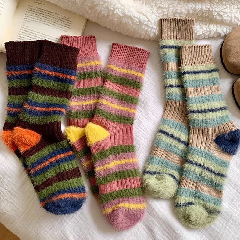 Korean Color Blocking Mink Velvet Socks Thick Women Winter Warm Long Sock Home Sleep Plush Socks Harajuku Stripe Girl Sokken Sox