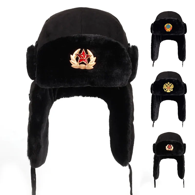 Sovjet Militaire Badge Rusland Bomber Hoeden Pilot Trapper Aviator Cap Winter Faux Konijnenbont Oorklep Sneeuw Caps Hoed