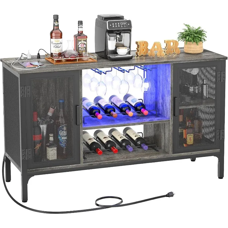 

Wine Bar Cabinet with Led Lights and Power Outlets, Industrial Coffee Bar Cabinet for Liquor and Glasses, Farmhouse Bar Cabinet