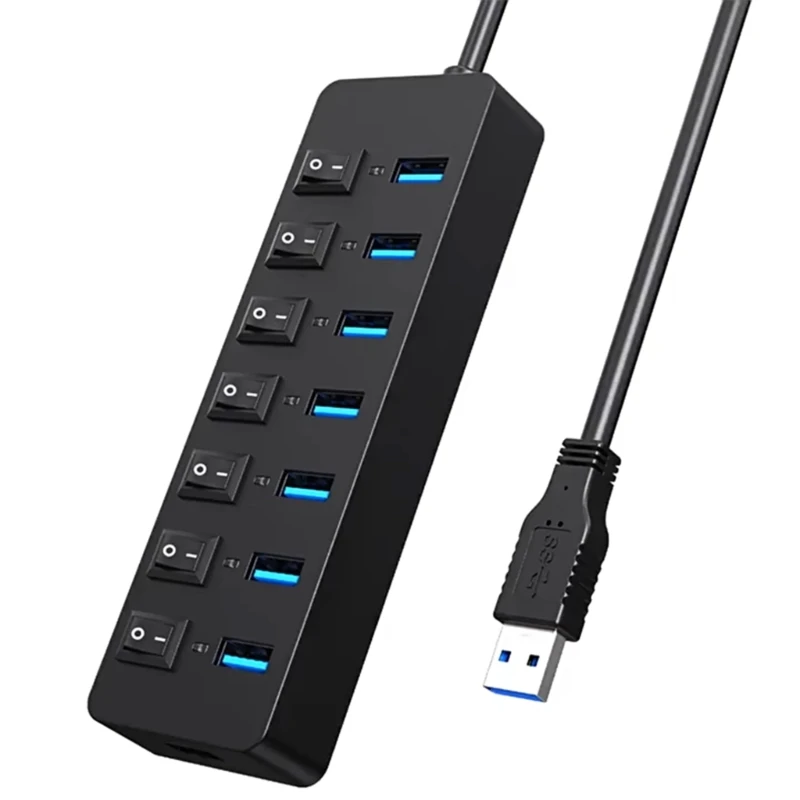 USB Hub, 7Port USB Data Hub Splitter with Long Cable LED Individual On/Offs USB Switches Extension for Laptop PC