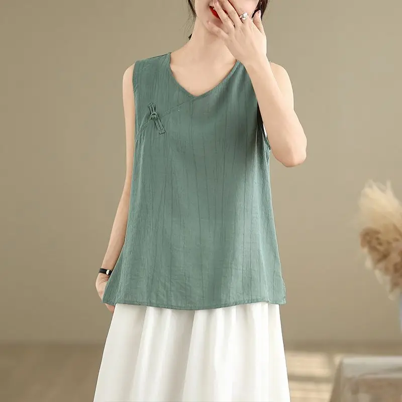 Women's Green Linen Blend  Top V-Neck Chinese Style Button Detail Casual Sleeveless Blouse