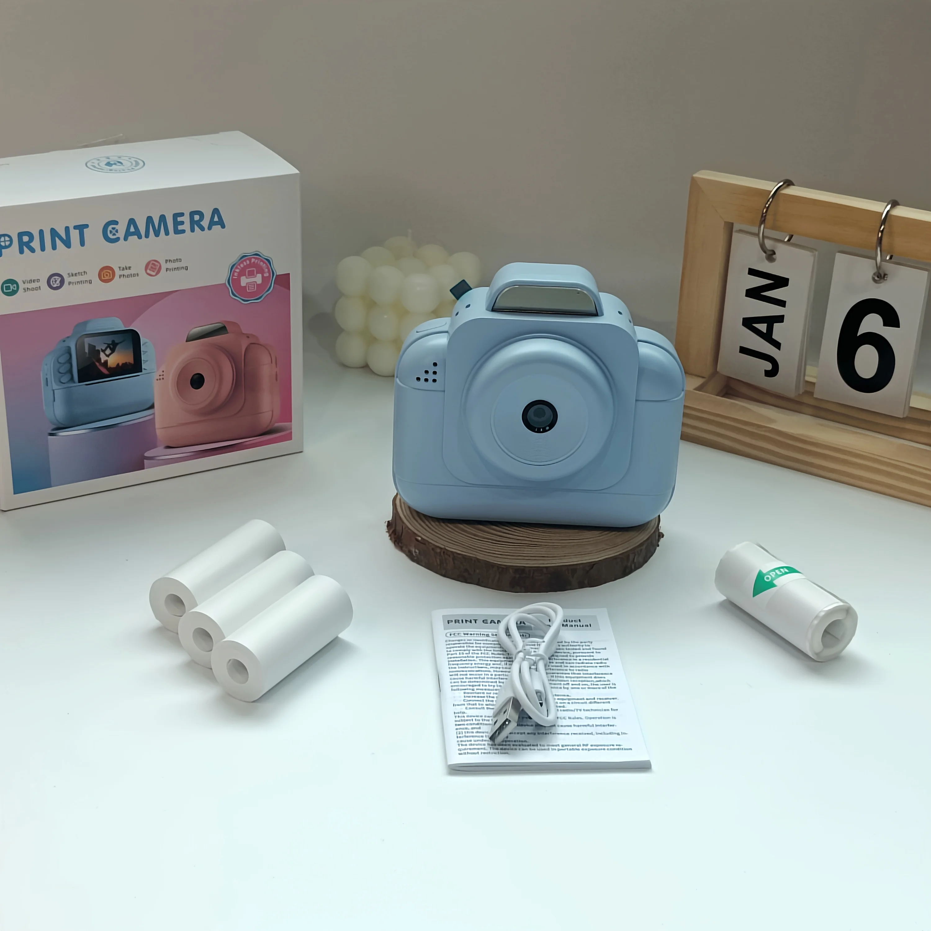 Portable photo printer (blue) with rechargeable battery and 4 rolls of thermal paper /1g card-instant photo printing view 3