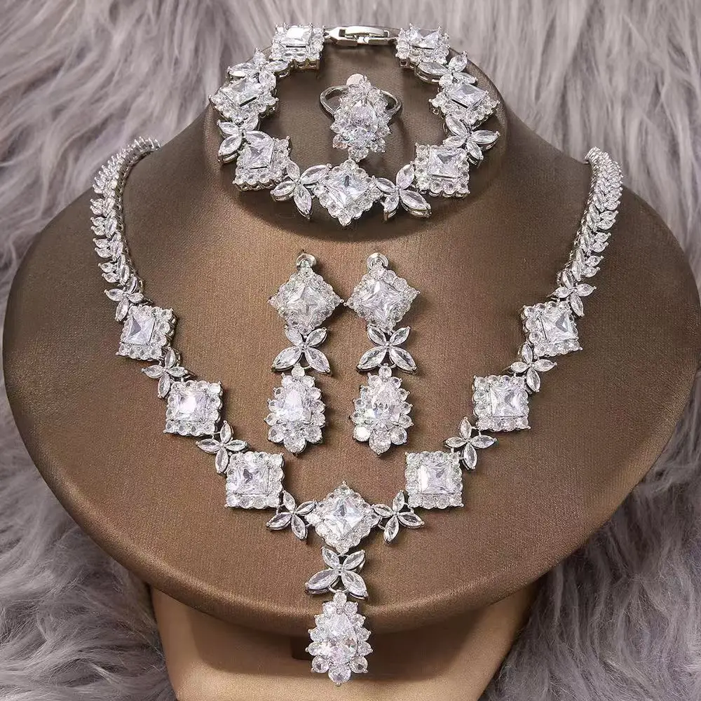 2024 hot selling 4-piece cubic zirconia bridal wedding jewelry set, Dubai Nigeria crystal wedding jewelry set