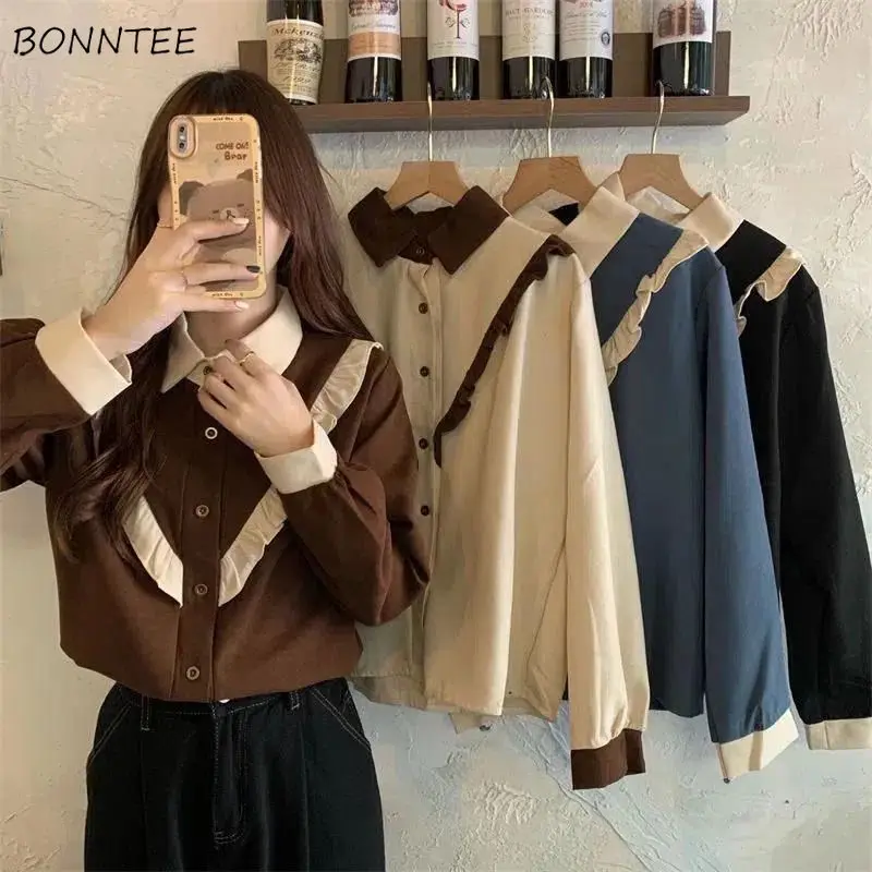 Chic Corduroy Spliced Ruched Shirts Women Fashion Loose Leisure All-match Plus Velvet Tops Ladies Elegant Young Popular Ins New